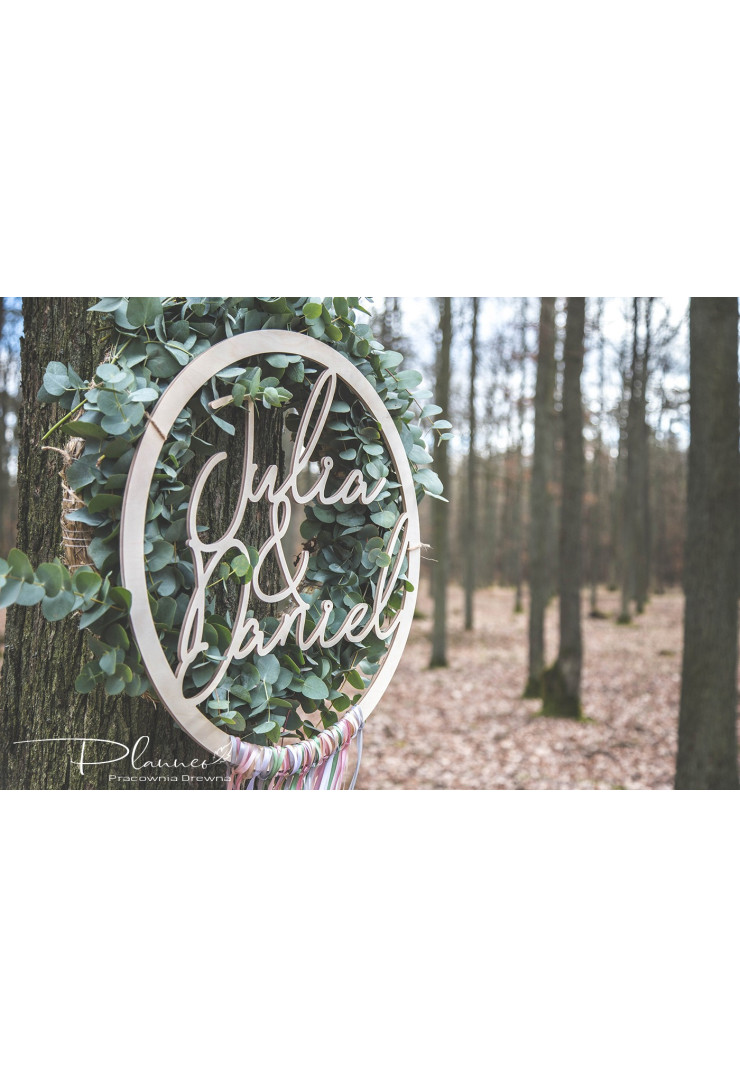 Obręcz imiona Pary Młodej ze wstążkami