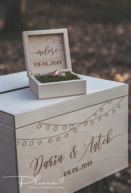 Drewniany grawerowany komplet skrzynka na koperty oraz pudełko na obrączki