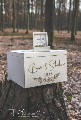 Drewniany grawerowany komplet skrzynka na koperty oraz pudełko na obrączki