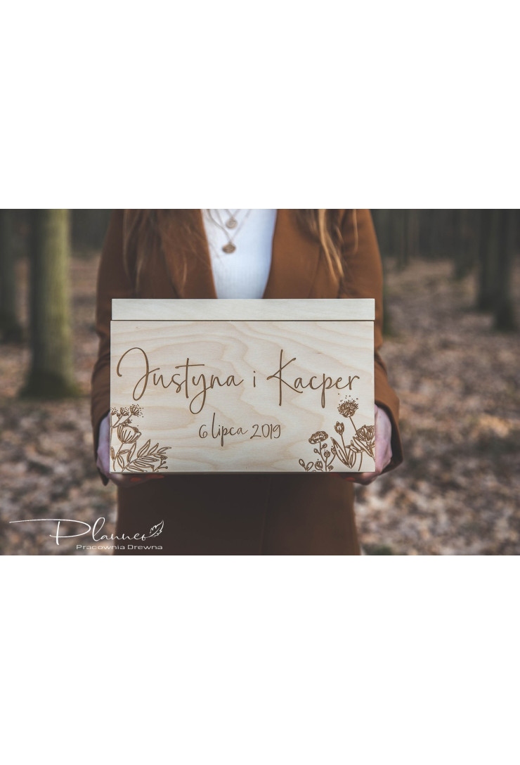 Drewniany grawerowany komplet skrzynka na koperty oraz pudełko na obrączki kwiaty