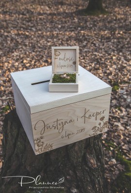 Drewniany grawerowany komplet skrzynka na koperty oraz pudełko na obrączki