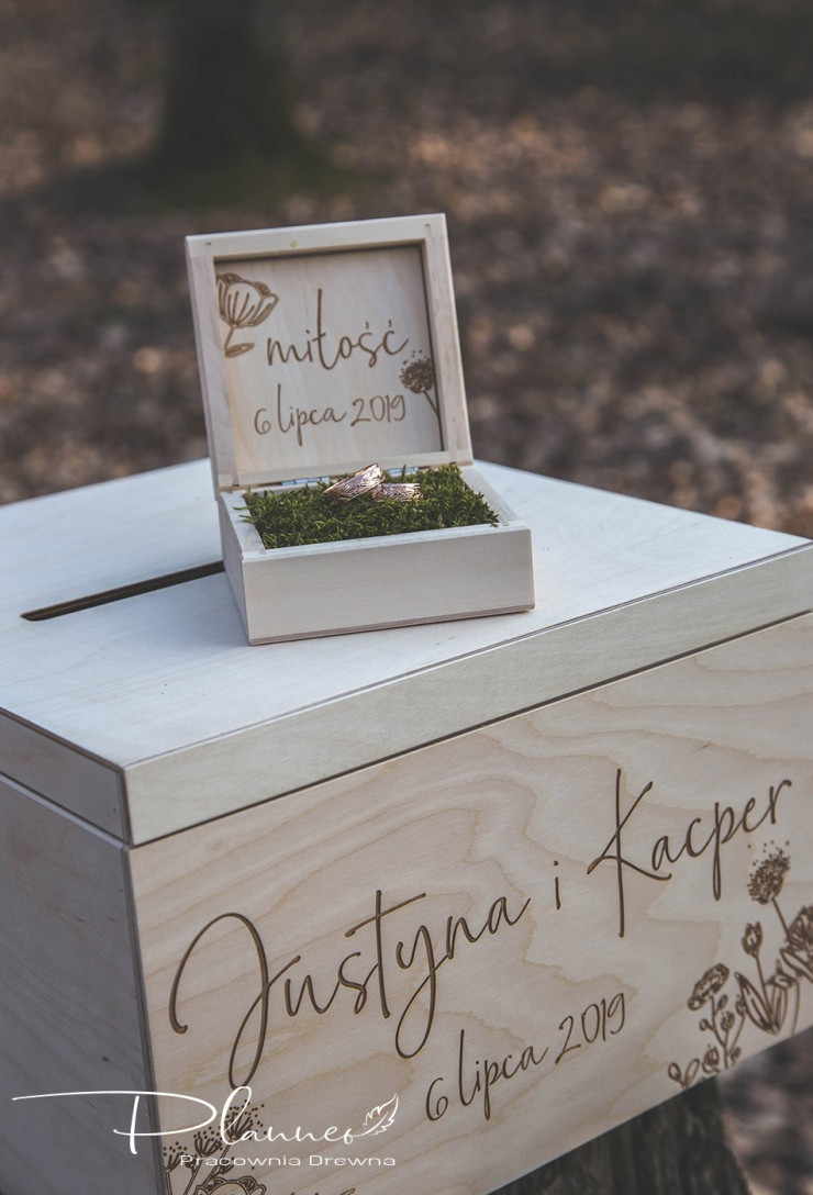 Grawerowany komplet skrzynka na koperty oraz pudełko na obrączki