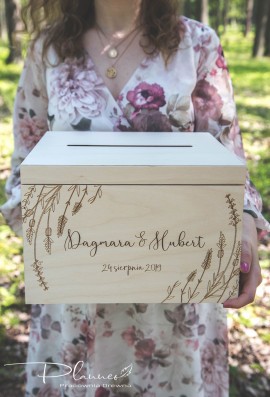 Drewniany grawerowany komplet skrzynka na koperty oraz pudełko na obrączki