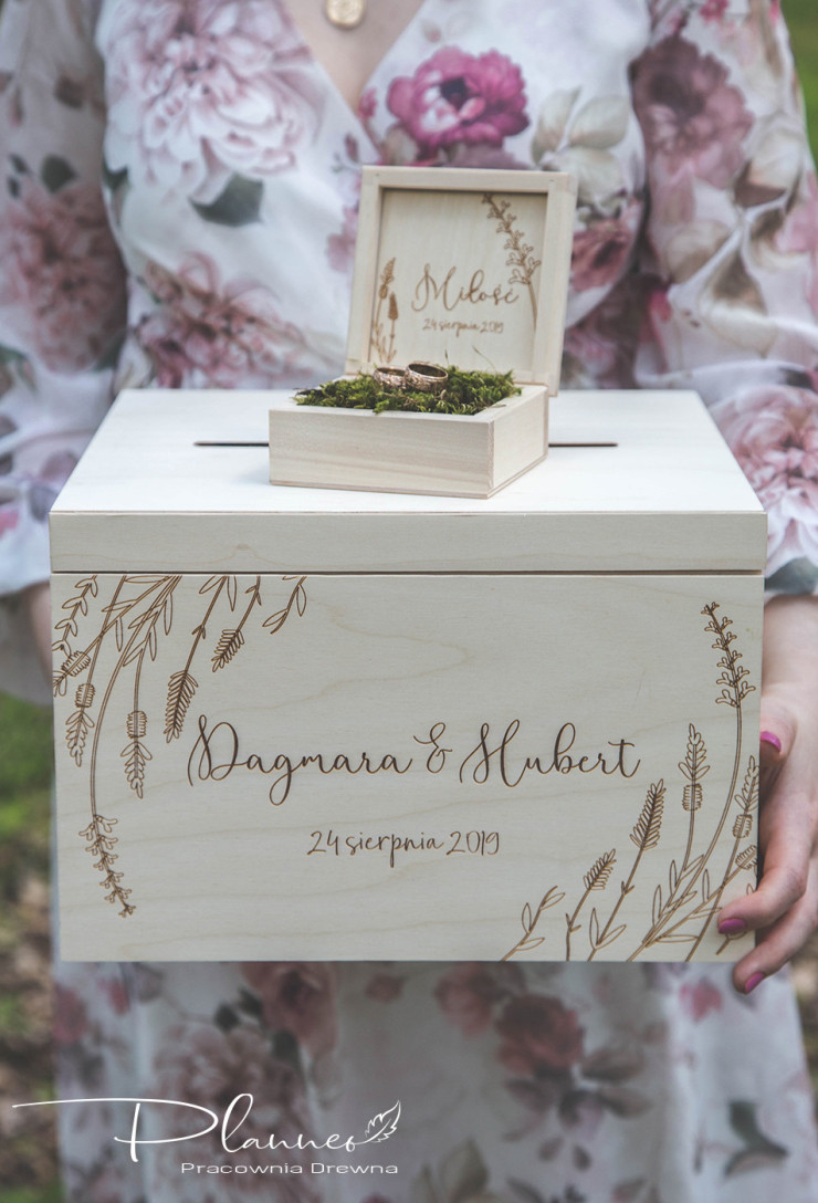 Grawerowany komplet skrzynka na koperty oraz pudełko na obrączki