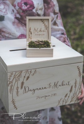 Drewniany grawerowany komplet skrzynka na koperty oraz pudełko na obrączki lawenda