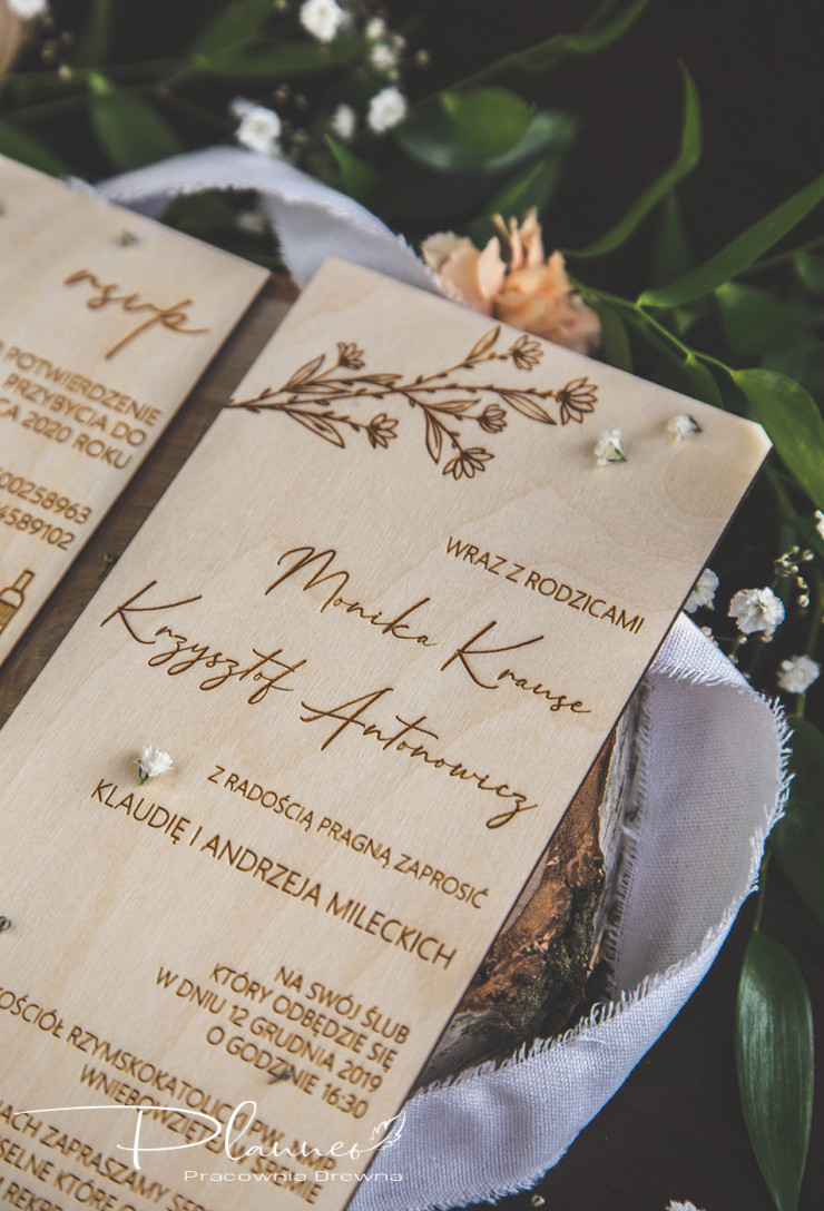 Drewniane grawerowane zaproszenia ślubne