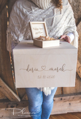 Drewniany grawerowany komplet skrzynka na koperty oraz pudełko na obrączki