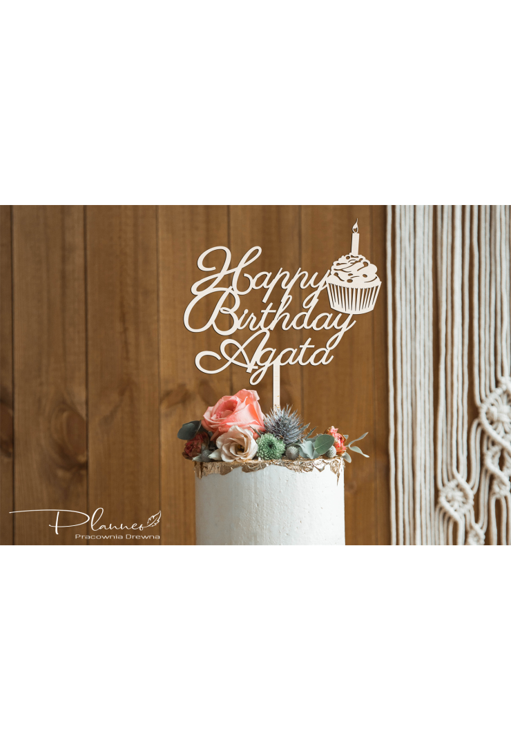 Topper drewniany Happy Birthday z muffinką