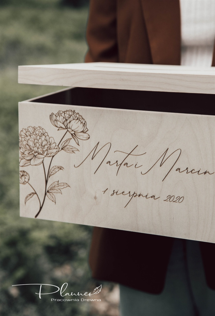 Drewniany grawerowany komplet skrzynka na koperty oraz pudełko na obrączki