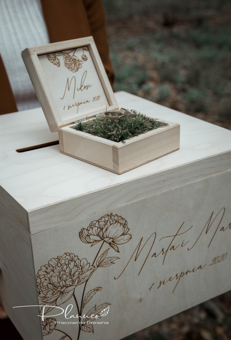 Grawerowany komplet skrzynka na koperty oraz pudełko na obrączki
