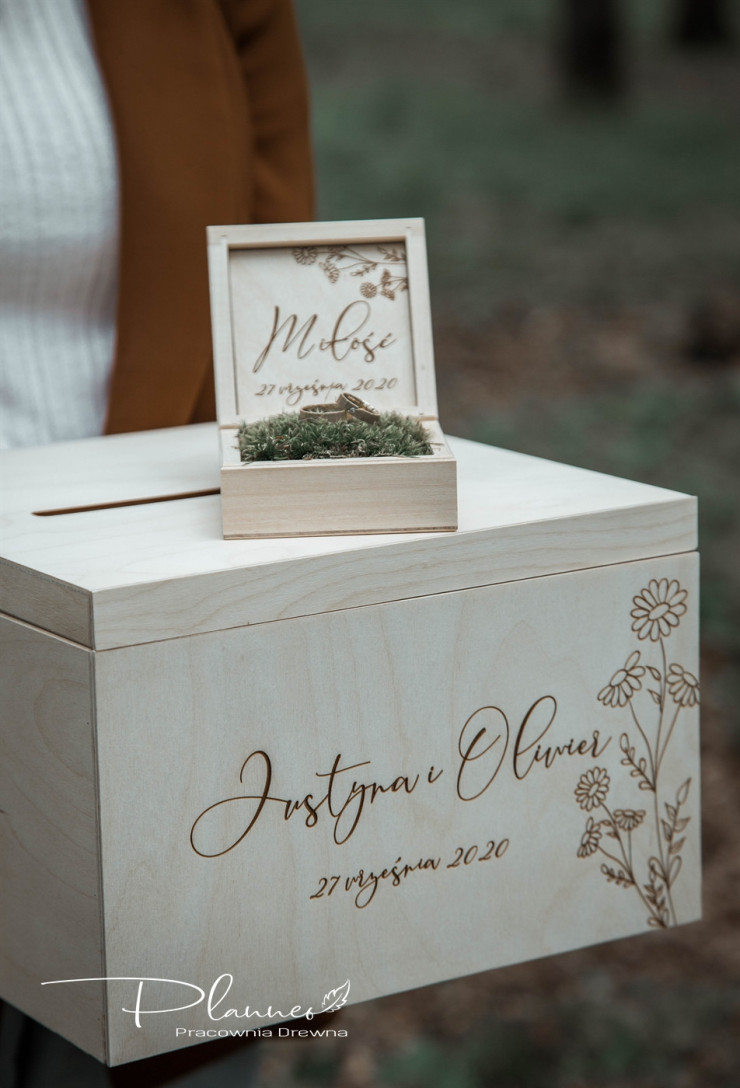 Grawerowany komplet skrzynka na koperty oraz pudełko na obrączki