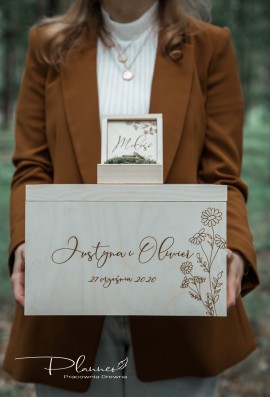 Drewniany grawerowany komplet skrzynka na koperty oraz pudełko na obrączki