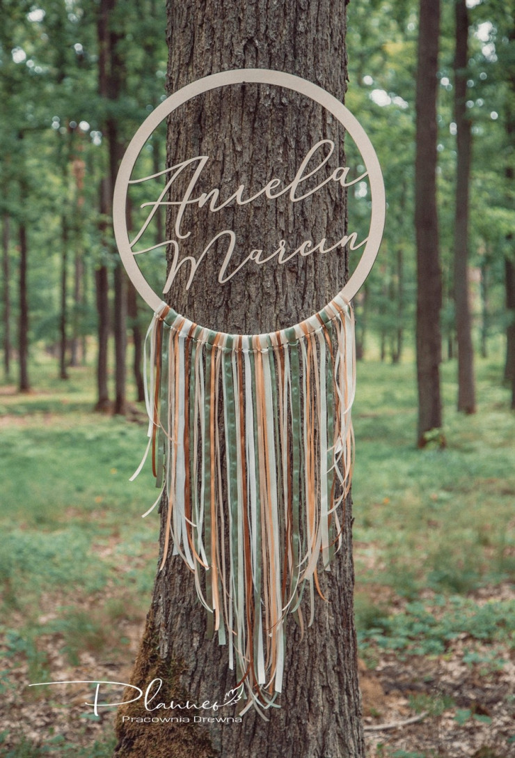 Drewniana obręcz imiona Pary Młodej