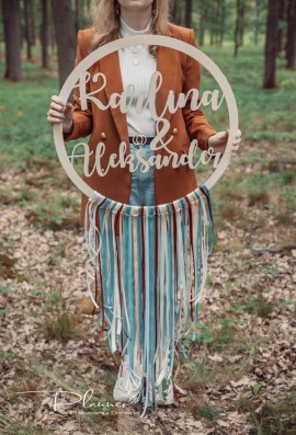 Drewniana obręcz imiona Pary Młodej