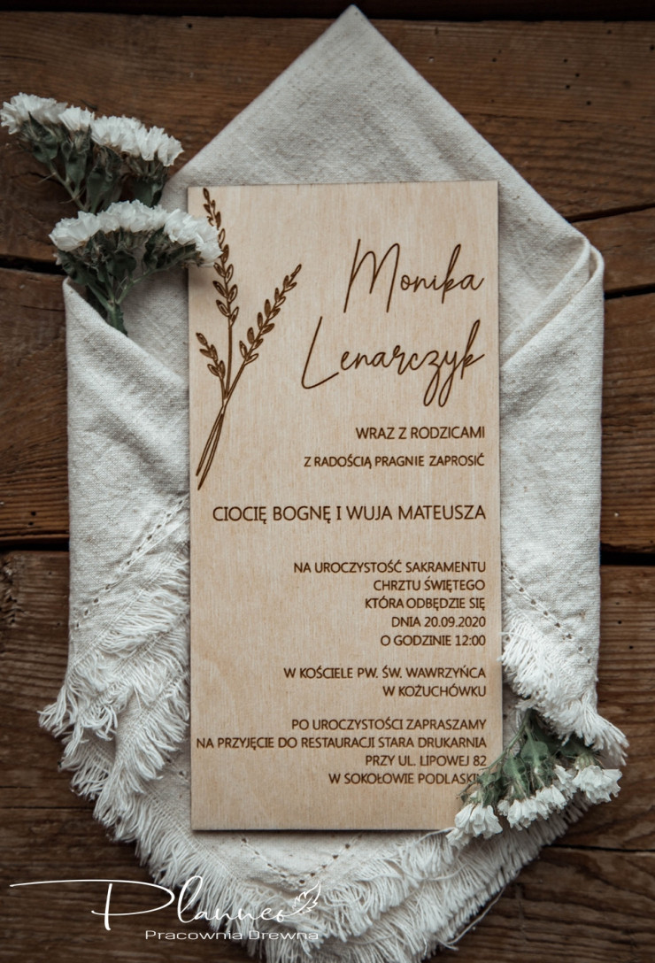 Zaproszenie drewniane na Chrzest gałązka
