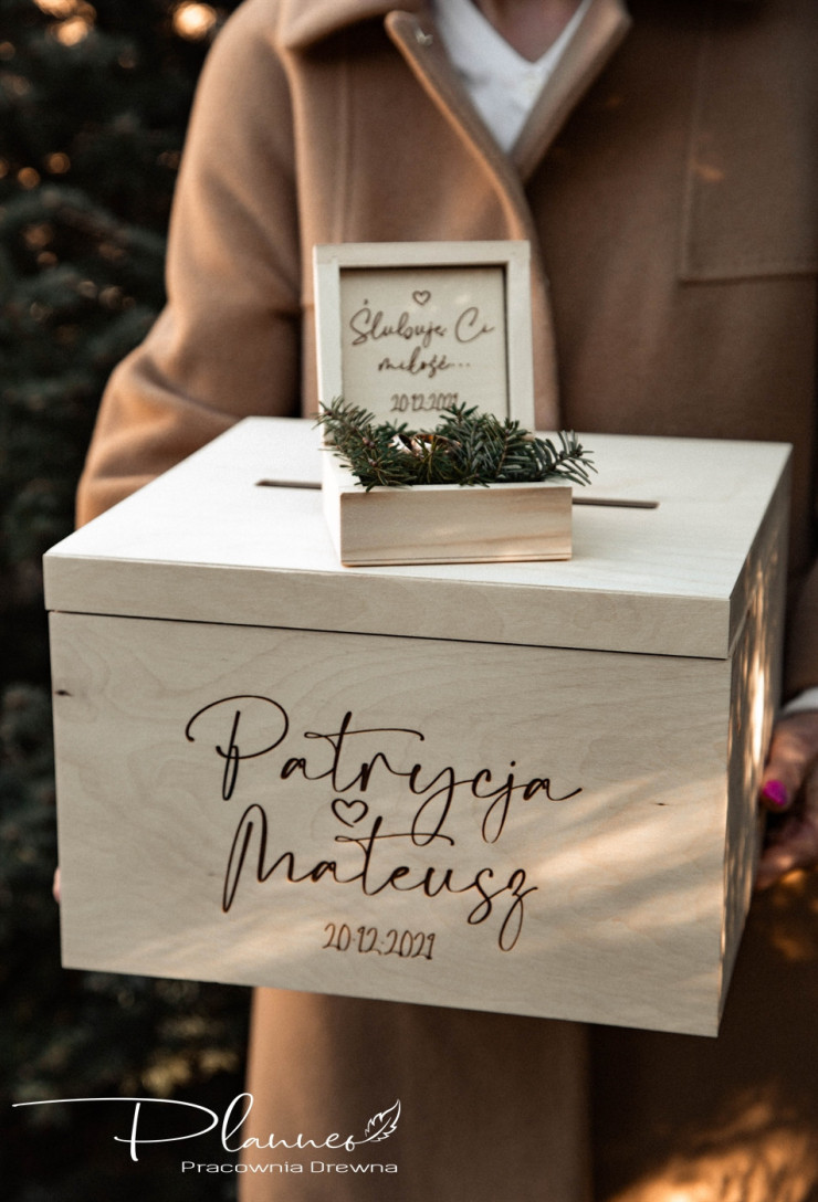 Grawerowany komplet skrzynka na koperty oraz pudełko na obrączki