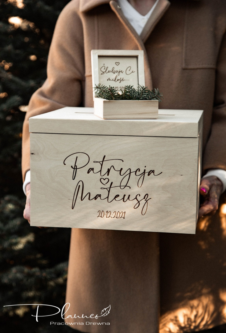 Drewniany grawerowany komplet skrzynka na koperty oraz pudełko na obrączki