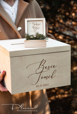 Drewniany grawerowany komplet skrzynka na koperty oraz pudełko na obrączki