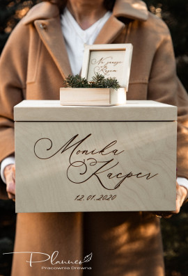 Drewniany grawerowany komplet skrzynka na koperty oraz pudełko na obrączki