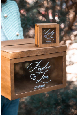 Drewniany grawerowany komplet skrzynka na koperty oraz pudełko na obrączki plexi