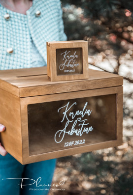 Drewniany grawerowany komplet skrzynka na koperty oraz pudełko na obrączki