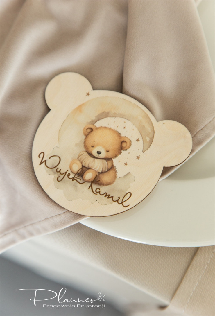 Winietka na Chrzest w kształcie misia z nadrukiem