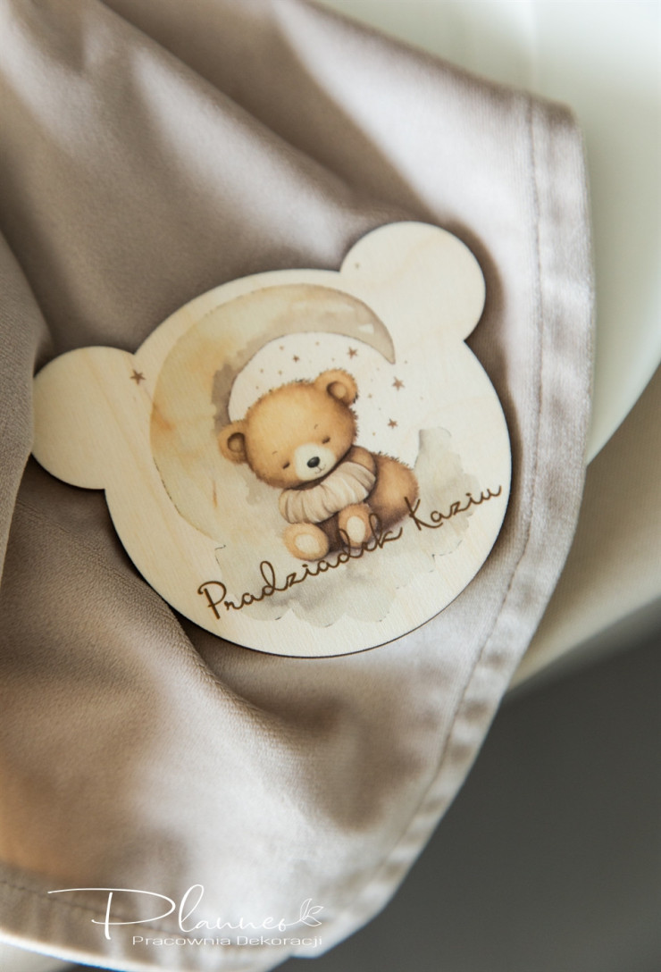 Winietka na Chrzest w kształcie misia z nadrukiem