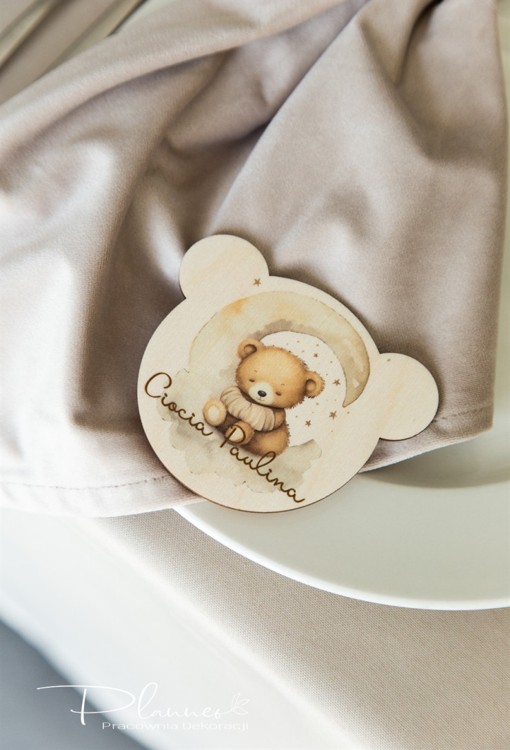 Winietka na Chrzest w kształcie misia z nadrukiem