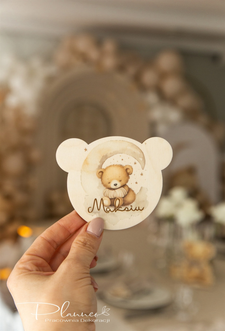 Winietka na Chrzest w kształcie misia z nadrukiem