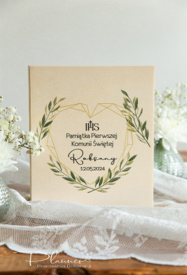 Pamiątka Komunii Świętej szkatułka na Biblię geometryczne serce