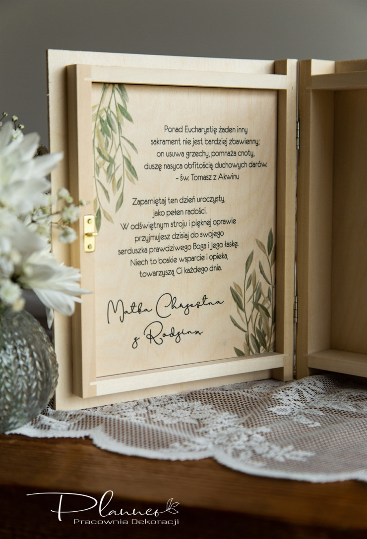 Pamiątka Komunii Świętej szkatułka na Biblię geometryczne serce