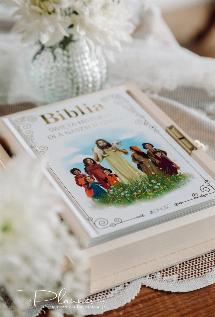 Pamiątka Komunii Świętej szkatułka na Biblię zielony wianek