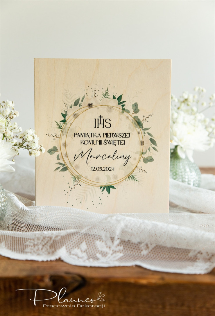 Pamiątka Komunii Świętej szkatułka na Biblię zielony wianek