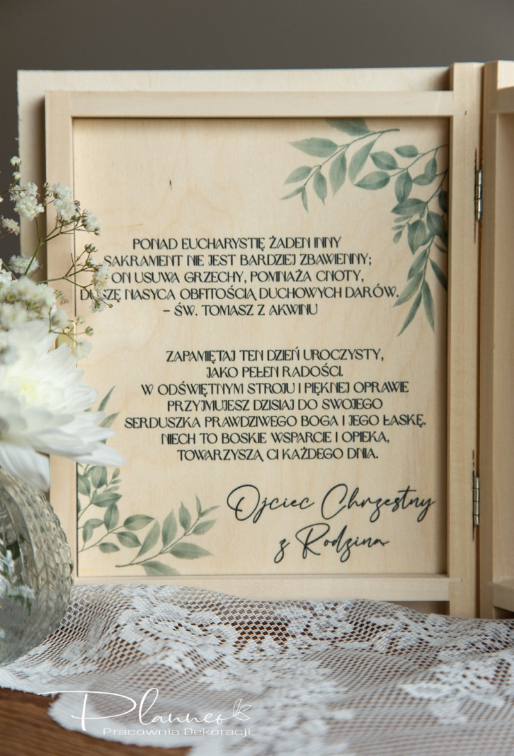 Pamiątka Komunii Świętej szkatułka na Biblię zielony wianek