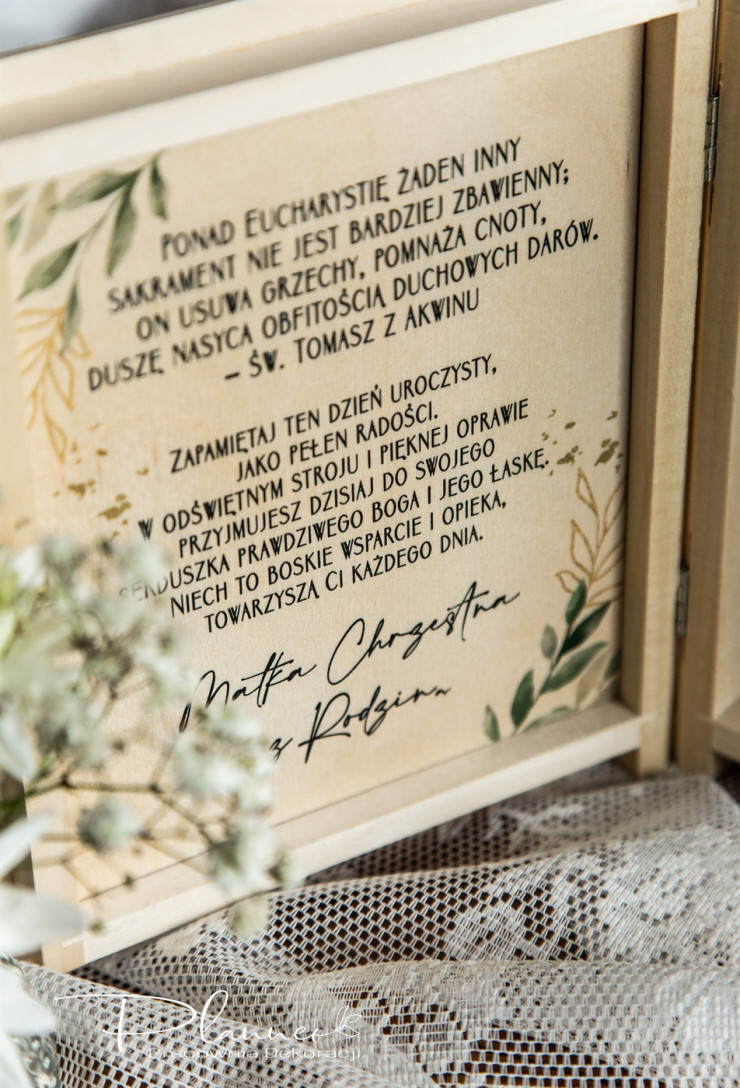 Pamiątka Komunii Świętej szkatułka na Biblię złote liście