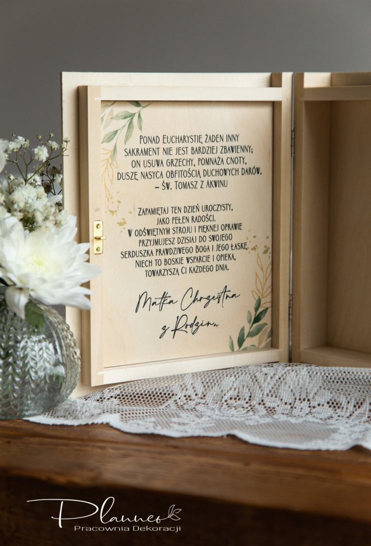 Pamiątka Komunii Świętej szkatułka na Biblię złote liście