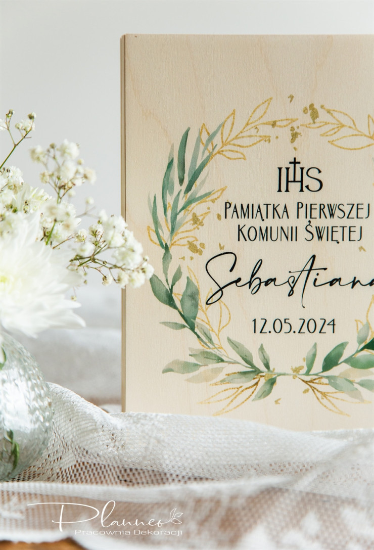 Pamiątka Komunii Świętej szkatułka na Biblię złote liście