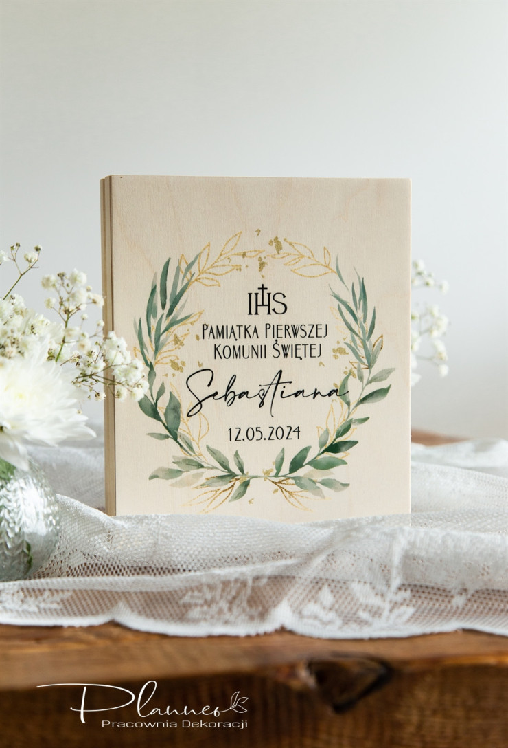 Pamiątka Komunii Świętej szkatułka na Biblię złote liście