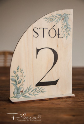 Drewniane Numerki na stół weselny Zielone Liście