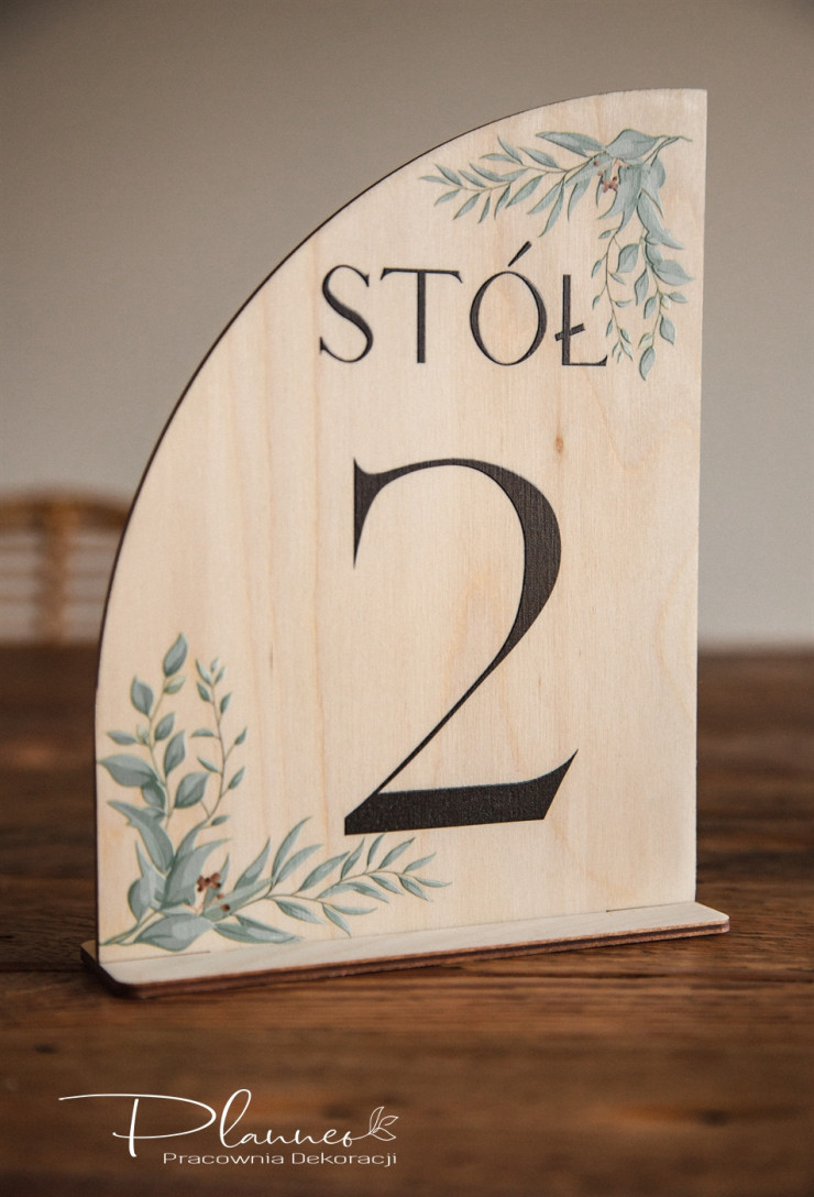 Drewniane Numerki na stół weselny Zielone Liście