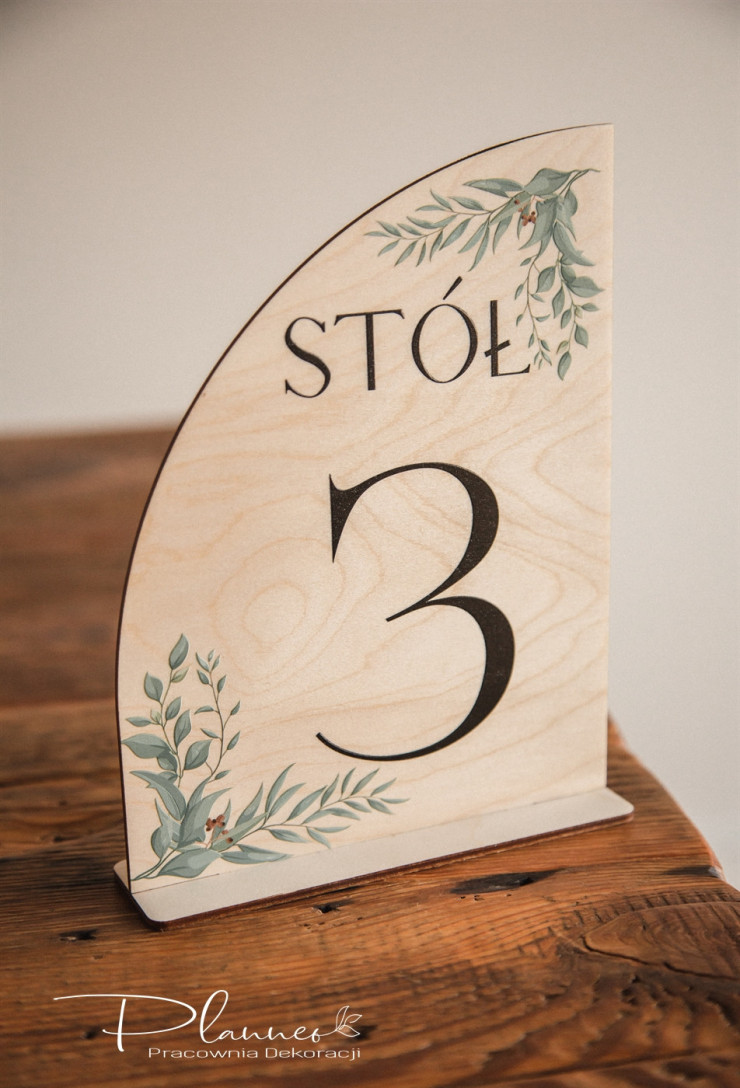 Numerek 3 na stół weselny Zielone Liście