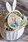 Zawieszka jajko z królikiem otoczonym niebieskimi kwiatami