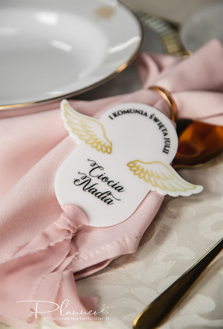 Winietka komunijna z nadrukiem skrzydełek i wstążką