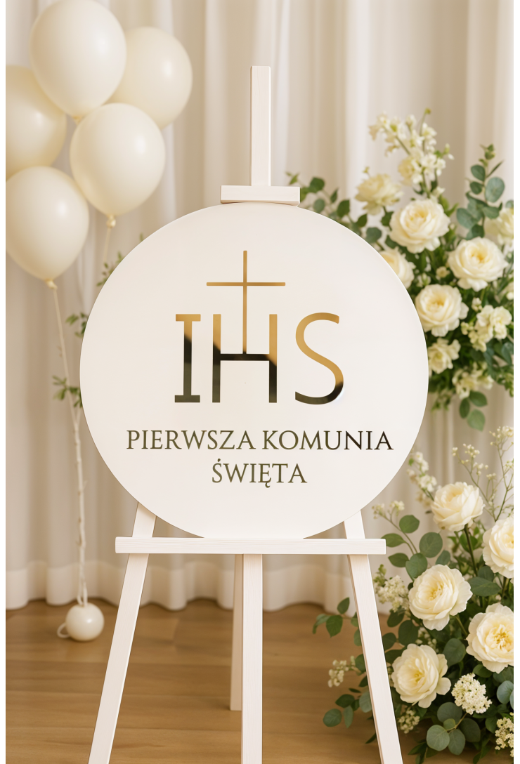 Koło IHS Pierwsza Komunia złote napisy na tle kwiatów