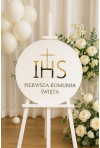 Koło IHS Pierwsza Komunia złote napisy na tle kwiatów