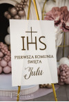 Pionowa tablica komunijna z imieniem i złotymi napisami