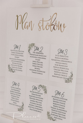 Tablica elegancka Plan Stołów z lustrzanymi napisami złoty napis