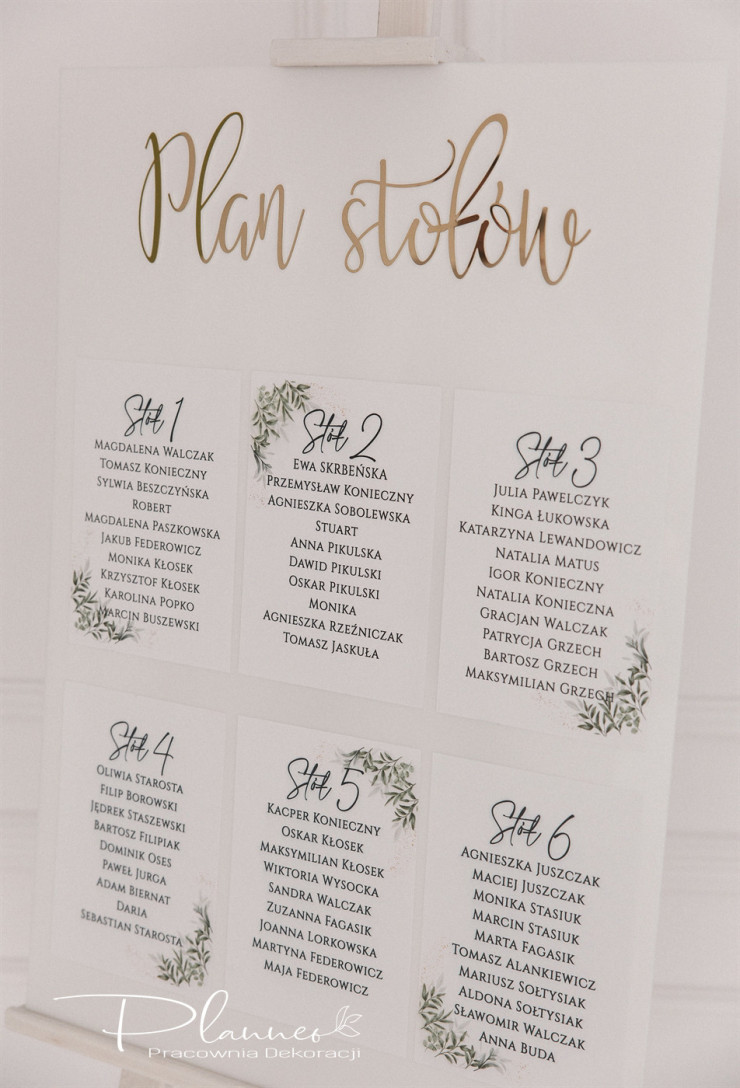 Tablica elegancka Plan Stołów z lustrzanymi napisami złoty napis