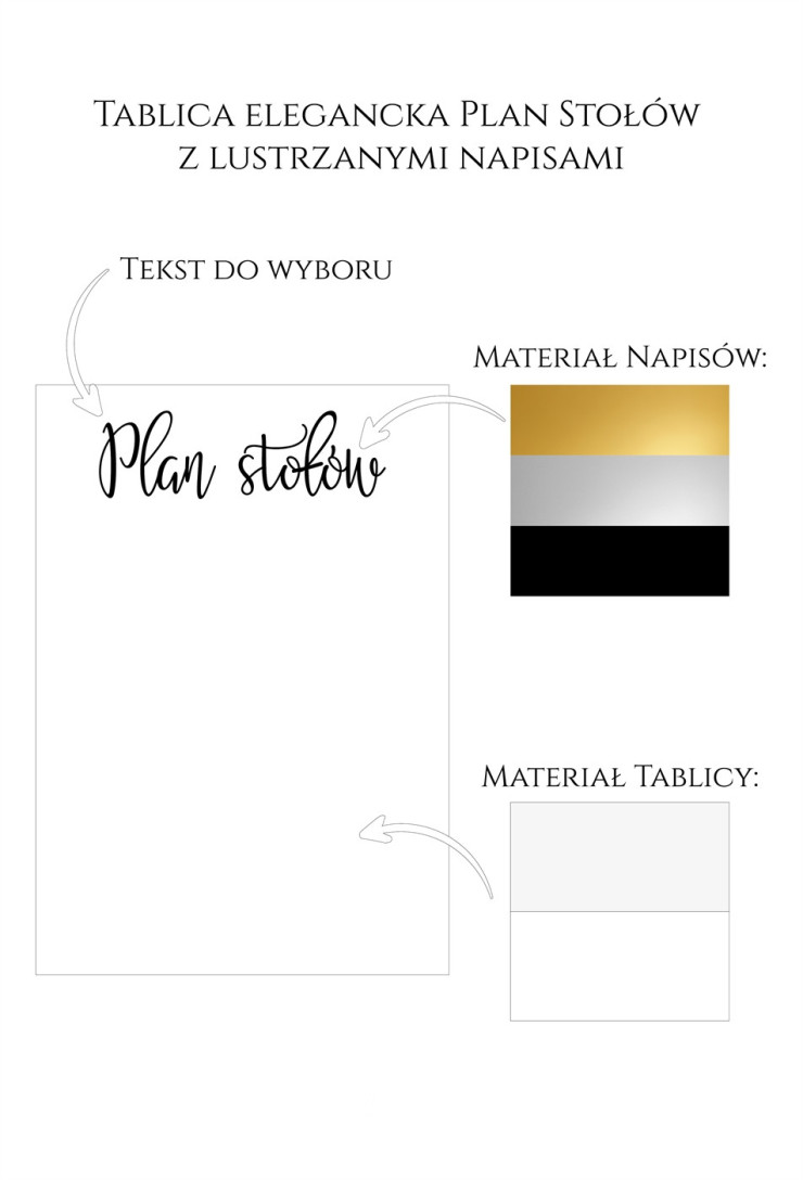 Tablica elegancka Plan Stołów z lustrzanymi napisami wzornik
