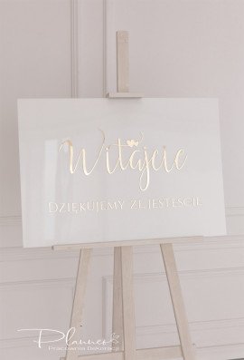 Tablica powitalna elegancka Witajcie z serduszkami złote napisy